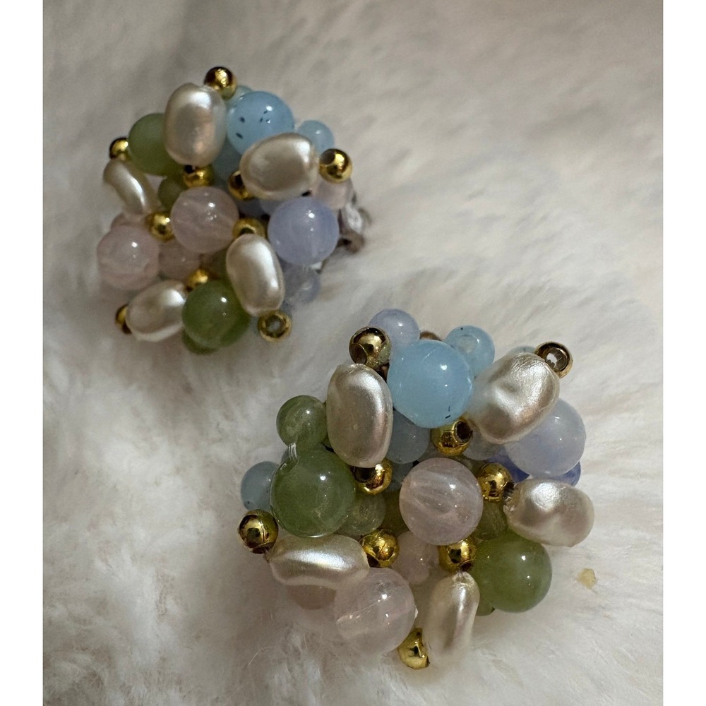 Vintage Pastel Cluster Clip On Earrings Pearl Jade Pink Blue Gold Tone Bead